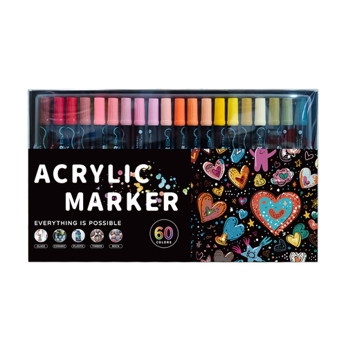 Dual-Tip Acrylic Marker Set - 1-5mm Round Tip & 1mm Fine Tip for Art and Craft Projects 60 colors - Main Image