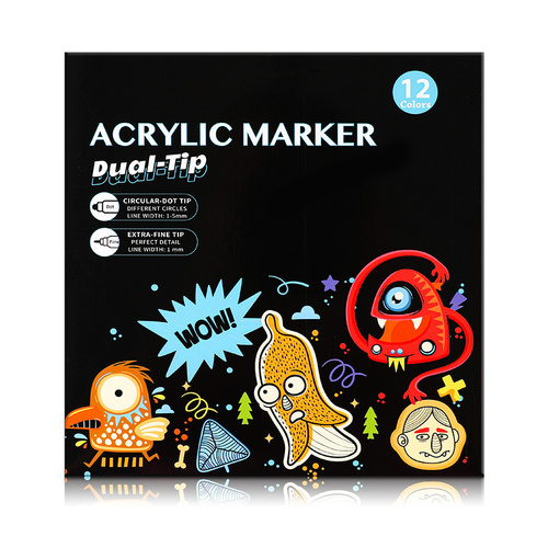 Dual-Tip Acrylic Marker Set - 12 Vibrant Colors for Art and Craft Projects - Main Image