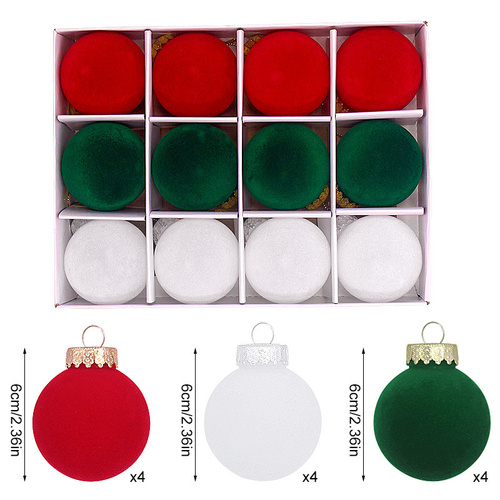 12-Piece Velvet Christmas Ornament Set - Classic Red, Green, and White Baubles for Holiday Tree Decoration (6cm) - Main Image
