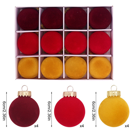 12-Piece Velvet Christmas Ornament Set - Classic Wine Red, Red, and Yellow Baubles for Holiday Tree Decoration (6cm) - Main Image