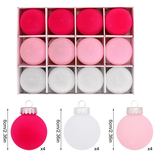 12-Piece Velvet Christmas Ornament Set - Classic Red, Pink, and White Baubles for Holiday Tree Decoration (6cm) - Main Image