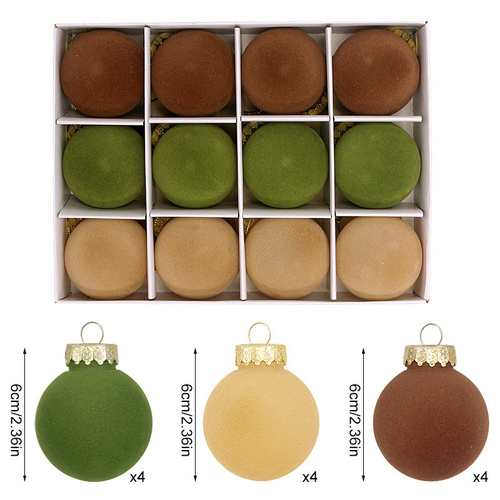 12-Piece Velvet Christmas Ornament Set - Classic Coffee, Green, and Brown Baubles for Holiday Tree Decoration (6cm) - Main Image