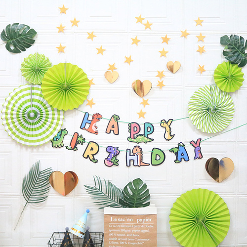 Happy Birthday Party Decoration Set -  Fan Decorations, Hearts, Stars & Banner - Main Image