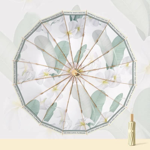 Traditional Chinese Style Folding Umbrella - Green Floral Design with 16-Rib Structure - Main Image