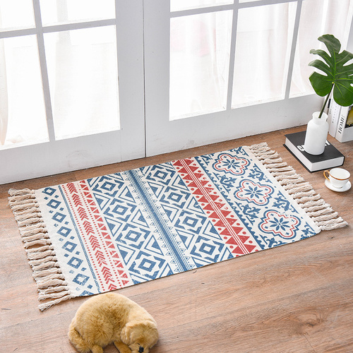 Bohemian Cotton Area Rug with Tassels - Geometric Pattern, Decorative Floor Mat 60*90cm - Main Image