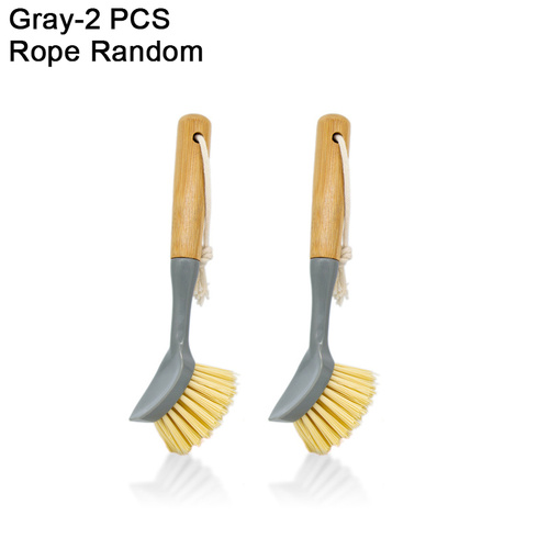 Eco-Friendly Dish Scrub Brush Set - Gray 2 PCS, Natural Bamboo Handle with Durable Bristles, Random Rope Color - Main Image