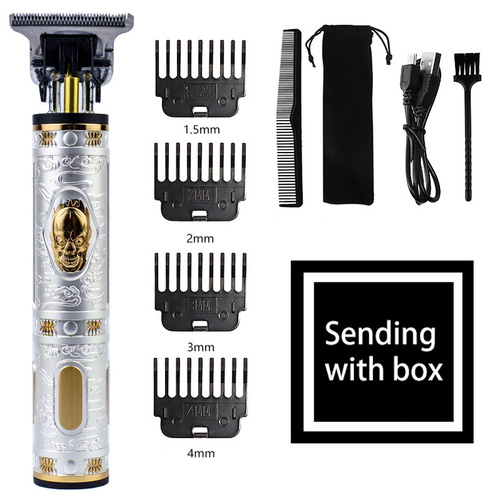 Vintage Skull Design Cordless Hair Trimmer - Professional Grooming Kit with Adjustable Guards, USB Charging, and Accessories - Main Image