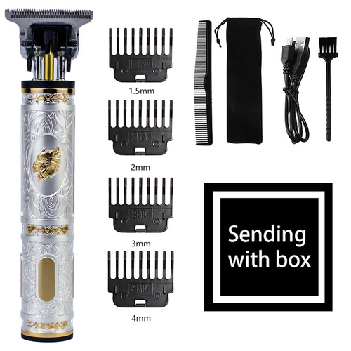 Wolf Emblem Vintage Cordless Hair Trimmer - Professional Grooming Kit with Adjustable Guards, USB Charging, and Accessories - Main Image