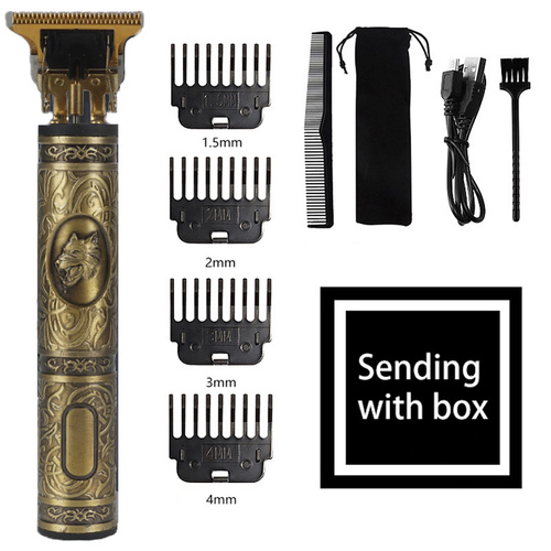 Wolf Emblem Vintage Cordless Hair Trimmer (Gold)- Professional Grooming Kit with Adjustable Guards, USB Charging, and Accessories - Main Image