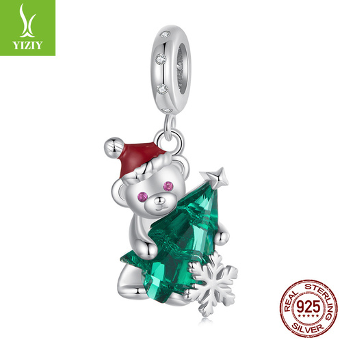 Sterling Silver Santa Bear Pendant - Holiday Pendant with Green Christmas Tree and Santa Hat Design(weighs approximately 2.8g) - Main Image