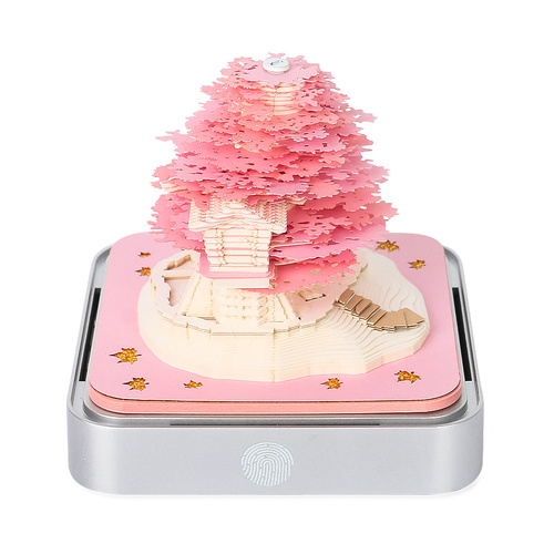 Pink Tree House 3D Paper Sculpture Night Light with Notepad, Silver Base - Elegant Gift Set for Home and Office - Main Image