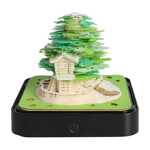 Green Tree House Blossom 3D Paper Sculpture Night Light with Memo Pad, Black Base - Elegant Gift Set for Home & Office - Main Image