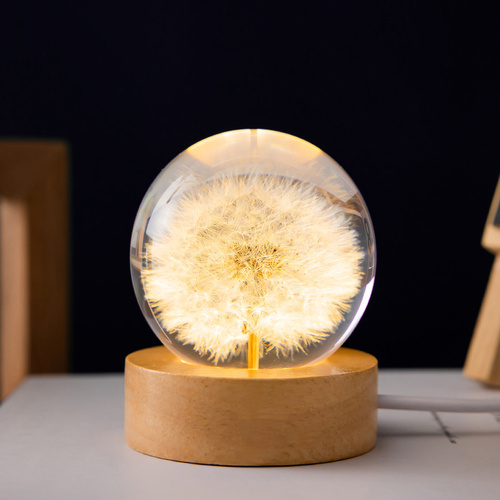 Luminous 3D Dandelion Crystal Ball Beech Wood Stand Base Preserved Flower Sphere Ball Desktop Ornaments Bithday Christmas Gifts - Main Image