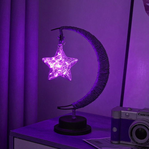LED Multi-Shape Decorative Lights  Purple Star, Moon, Apple USB Night Lights with Handmade Hemp Rope, Warm Iron Craft, Perfect Birthday & Christmas Gi - Main Image