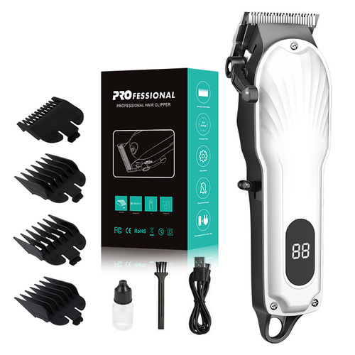 White Professional Cordless Hair Clipper with LED Display - Rechargeable Electric Hair Trimmer for Men - Main Image