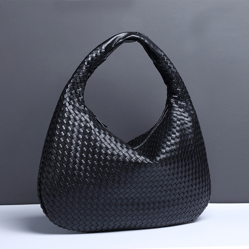 Black Elegant Woven PU Leather Hobo Bag - Stylish Large-Capacity Shoulder Handbag for Women - Main Image