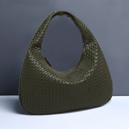 Army Green Elegant Woven PU Leather Hobo Bag - Stylish Large-Capacity Shoulder Handbag for Women - Main Image