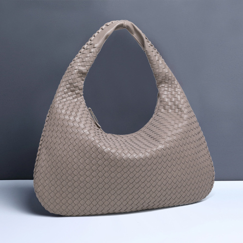 Light Gray Elegant Woven PU Leather Hobo Bag - Stylish Large-Capacity Shoulder Handbag for Women - Main Image