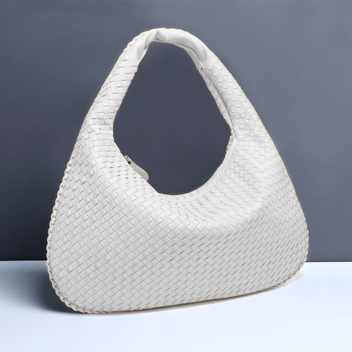 White Elegant Woven PU Leather Hobo Bag - Stylish Large-Capacity Shoulder Handbag for Women - Main Image