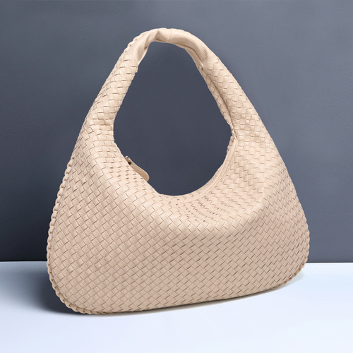 off white Elegant Woven PU Leather Hobo Bag - Stylish Large-Capacity Shoulder Handbag for Women - Main Image