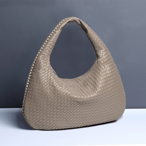 Beige-gray Elegant Woven PU Leather Hobo Bag - Stylish Large-Capacity Shoulder Handbag for Women - Main Image