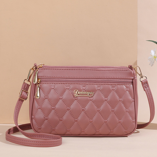 Pink PU Leather Quilted Crossbody Bag for Women - Compact Multi-Compartment Shoulder Purse - Main Image