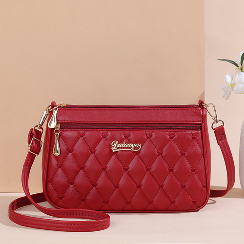 Red PU Leather Quilted Crossbody Bag for Women - Compact Multi-Compartment Shoulder Purse - Main Image