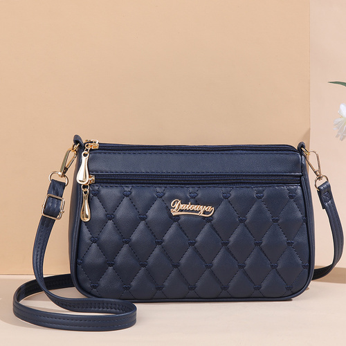 Dark Blue PU Leather Quilted Crossbody Bag for Women - Compact Multi-Compartment Shoulder Purse - Main Image
