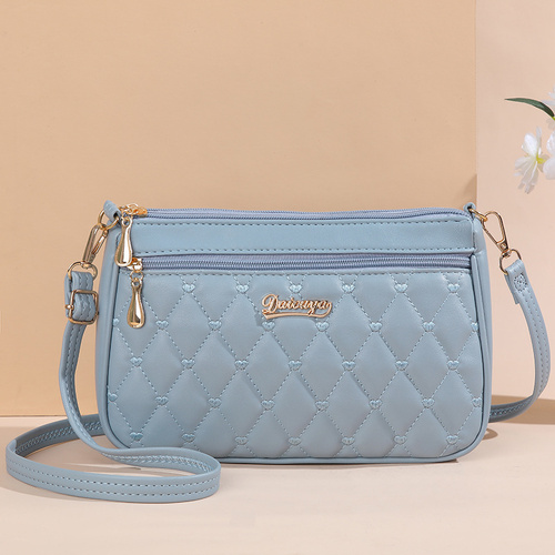 Light Blue PU Leather Quilted Crossbody Bag for Women - Compact Multi-Compartment Shoulder Purse - Main Image