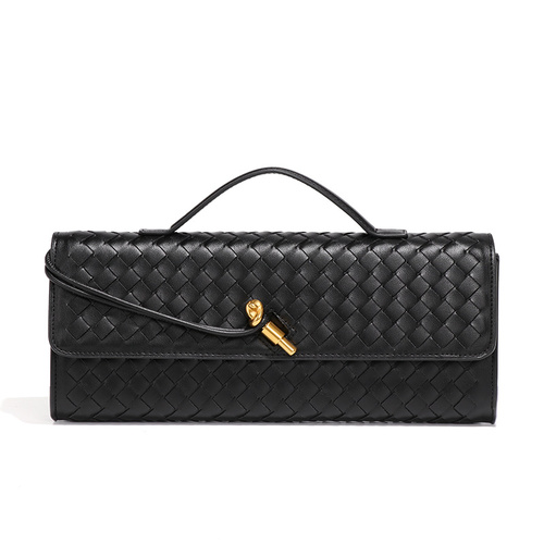 Black Luxury Woven PU Leather Clutch - Elegant Women's Evening Baguette Bag with Adjustable Shoulder Strap - Main Image