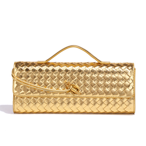 Gold Luxury Woven PU Leather Clutch - Elegant Women's Evening Baguette Bag with Adjustable Shoulder Strap - Main Image