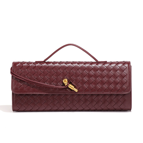 Wine Red Luxury Woven PU Leather Clutch - Elegant Women's Evening Baguette Bag with Adjustable Shoulder Strap - Main Image