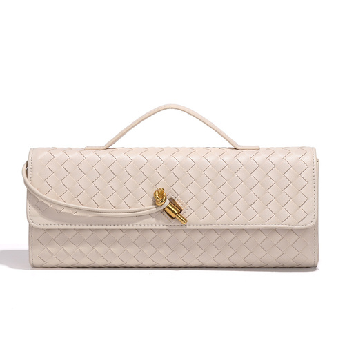 Beige Luxury Woven PU Leather Clutch - Elegant Women's Evening Baguette Bag with Adjustable Shoulder Strap - Main Image