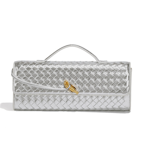Silver Luxury Woven PU Leather Clutch - Elegant Women's Evening Baguette Bag with Adjustable Shoulder Strap - Main Image