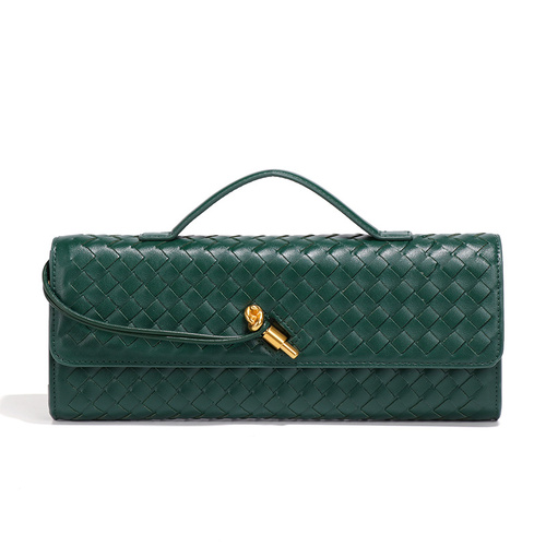 Deep Green Luxury Woven PU Leather Clutch - Elegant Women's Evening Baguette Bag with Adjustable Shoulder Strap - Main Image