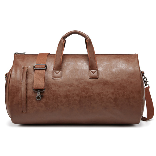 Brown PU Leather Travel Duffel Bag - Large Capacity Waterproof Suit Bag with Shoe Compartment - Main Image