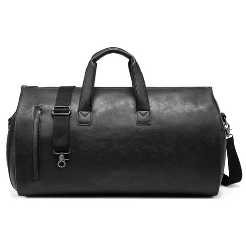 Black PU Leather Travel Duffel Bag - Large Capacity Waterproof Suit Bag with Shoe Compartment - Main Image