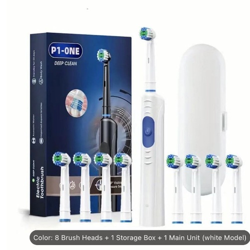White Rechargeable Electric Toothbrush with Travel Case - 8 Replacement Heads for Deep Cleaning - Main Image