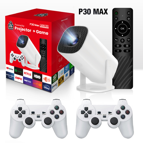 P30 Max 4K Ultra HD Projector with 3D Gaming - Includes 2 Wireless Controllers, Remote Control, and Streaming Support - Main Image