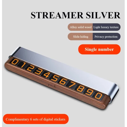 Silver Premium Alloy and Wood Temporary Parking Card - Sliding Design for Privacy, Includes 6 Number Sets - Main Image