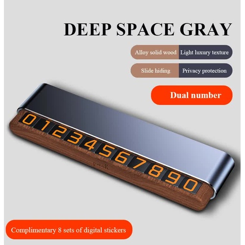 Gray Dual-Number Alloy and Wood Temporary Parking Card - Sliding Privacy Design, Includes 8 Number Sets - Main Image