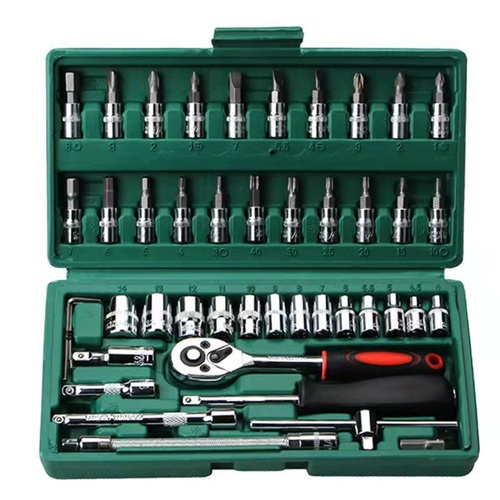 46-Piece Professional Socket Wrench Set - 1/4 Drive, Chrome Vanadium Steel, Ratchet & Bit Kit for Automotive and Household Repairs Green Box - Main Image