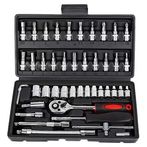 46-Piece Professional Socket Wrench Set - 1/4 Drive, Chrome Vanadium Steel, Ratchet & Bit Kit for Automotive and Household Repairs Black Box - Main Image
