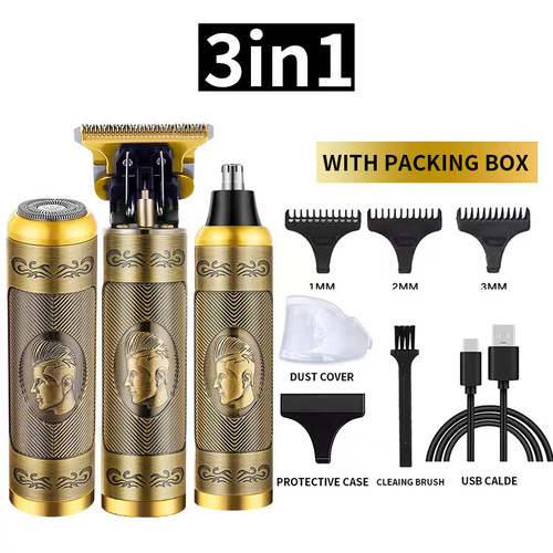 3-in-1 Professional Hair Clipper Set - Rechargeable Beard Trimmer, Nose Hair Trimmer, and Electric Shaver with USB Cable, Cleaning Brush, and Attachme - Main Image