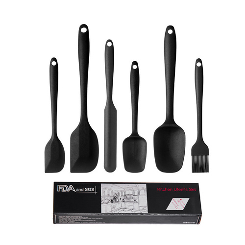 6-Piece Silicone Kitchen Utensil Set - Heat Resistant Baking Tools with Spatulas, Spoon, and Brush (Black)(2 set/12PCS) - Main Image