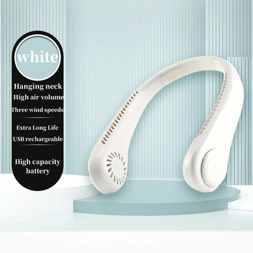 2PCS White Leafless Hanging Neck Fan - Rechargeable Portable Hands-Free Cooling Fan with 3 Speeds - Main Image