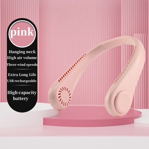 2PCS Pink Leafless Hanging Neck Fan - Rechargeable Portable Hands-Free Cooling Fan with 3 Speeds - Main Image