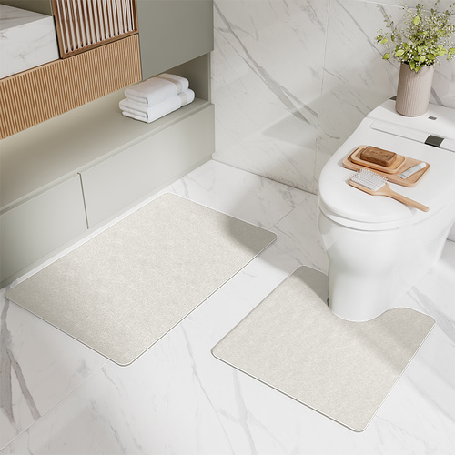 Beige Bathroom Floor Mat Set - U-Shaped Toilet Mat 50*50cm & Rectangular 40x60cm Mat for Bathroom - Main Image