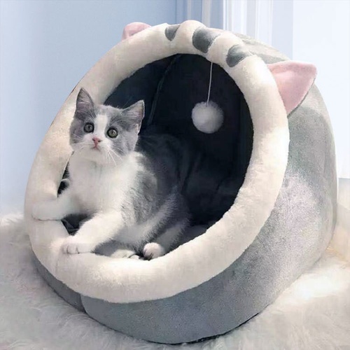 Gray Half-Enclosed Cat Bed - Soft Short Velvet Fabric with Sponge + PP Cotton Filling, M Size (35x35x30cm) - Main Image