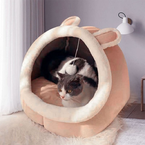 Pink Half-Enclosed Cat Bed - Soft Short Velvet Fabric with Sponge + PP Cotton Filling, M Size (35x35x30cm) - Main Image